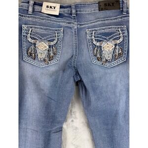 New women's Jeans Low Rise Bootcut Denim Embellished Pockets Size 15/16